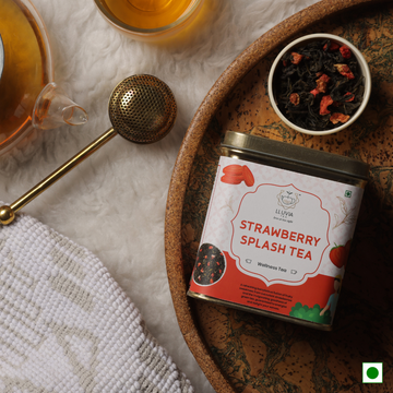 Strawberry tea Green tea with strawberry Strawberry flavoured green tea Fruit infused green tea Premium green tea Antioxidant tea Flavoured green tea Best strawberry tea in India