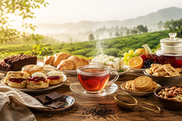 Premium LLuvia Tea Assam orthodox tea with biscuits, scones, dark chocolate, fruits, nuts, and traditional Indian snacks on a rustic table overlooking lush Assam tea gardens