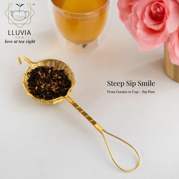 Premium handcrafted brass tea strainer by Lluvia Tea designed for loose leaf tea brewing elegant and durable fine mesh for a perfect cup of tea every time
