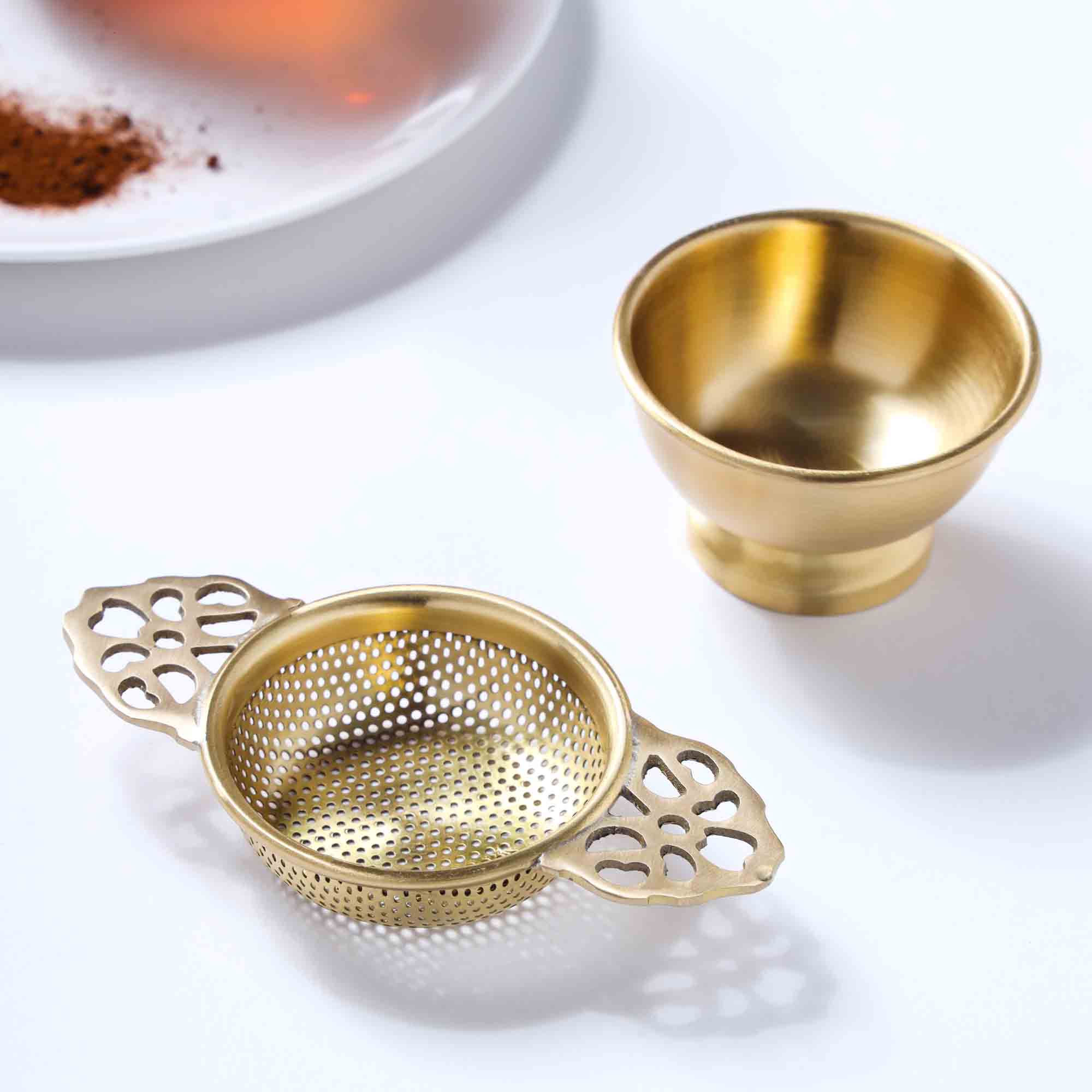 Brass Tea Infuser with Drip Bowl thumbnail 3
