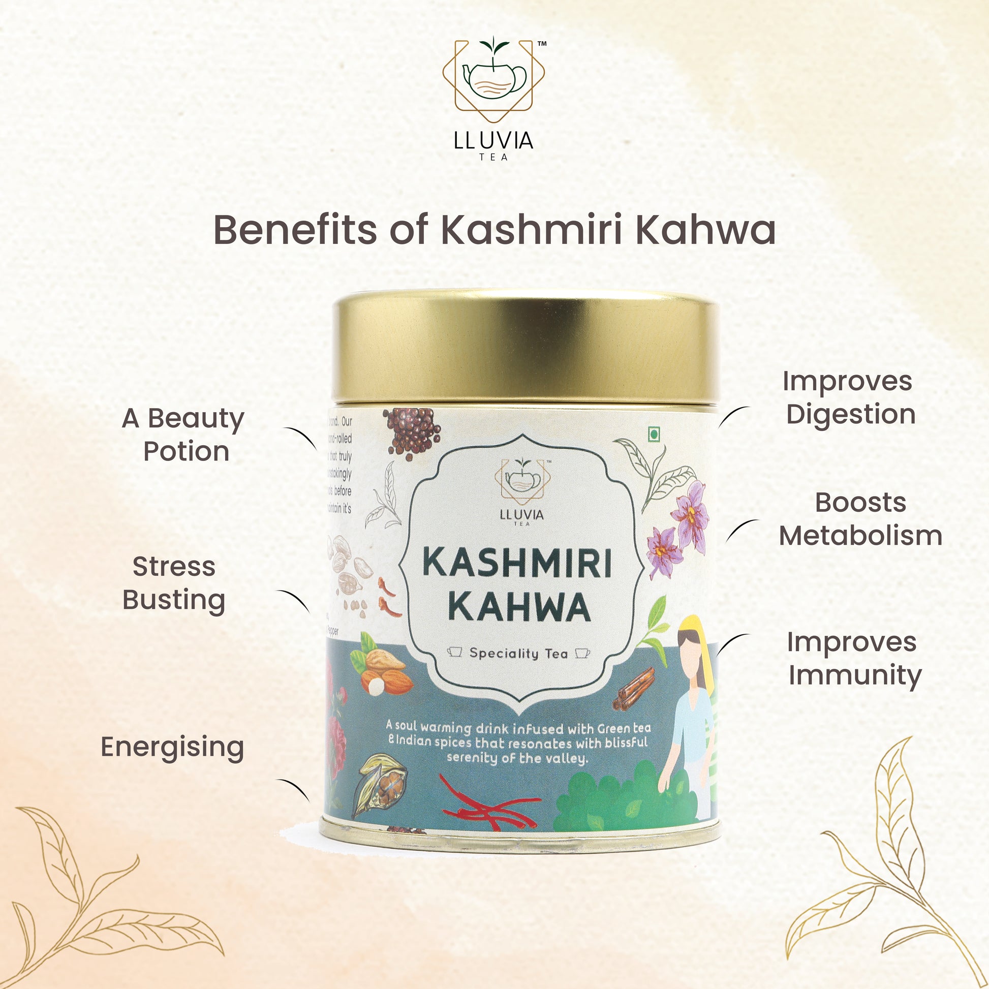 Kashmiri Kahwa Tea - Traditional Spiced Green Tea Blend - Saffron, Almonds, and Aromatic Spices - Authentic Flavor - Perfect for Warmth and Relaxation - Premium and Organic - Buy Now