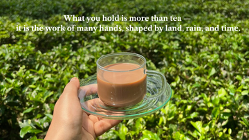 Hand holding a glass of tea with a tea plantation in the background and a quote about tea.